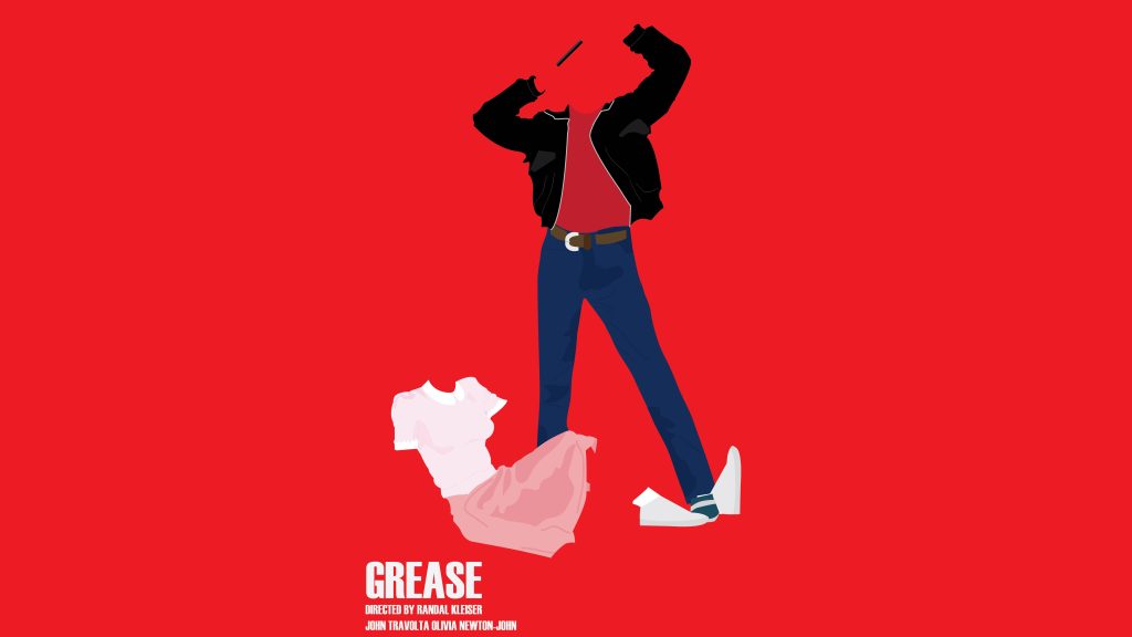 Minimalist vector art wallpaper of Danny Zuko and Sandy from 1978 musical Grease on red background