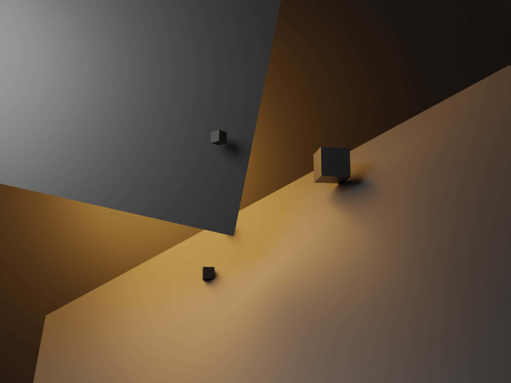 Minimalist 3D Abstract Wallpaper: Geometric Shapes in Dark Grey & Yellow