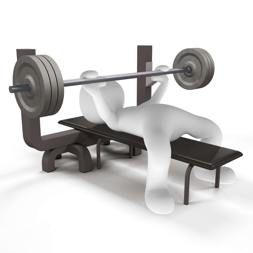 Minimalist 3D CGI white figure doing barbell bench press on clean white background fitness wallpaper
