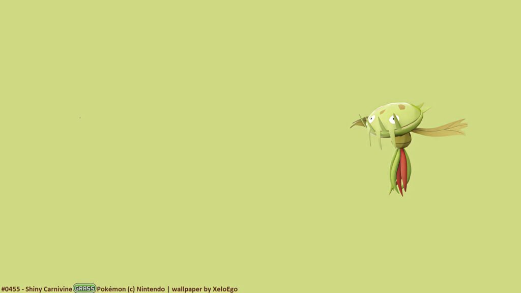 Minimalist 3D Carnivine Pokémon wallpaper vibrant plant colors soft green background floating pose