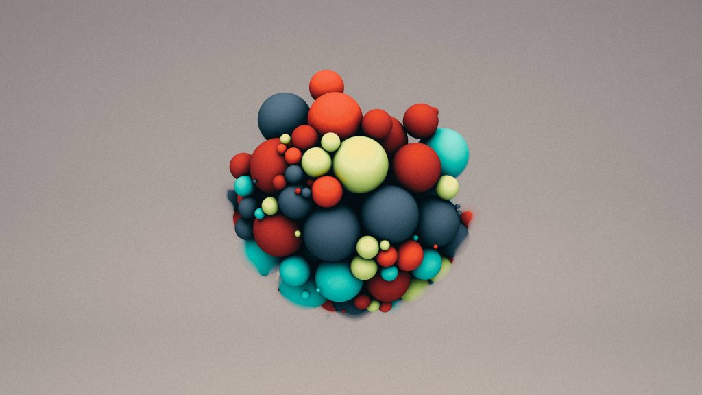 Minimalist 3D digital art wallpaper with colorful particles red cyan grey lime on neutral background