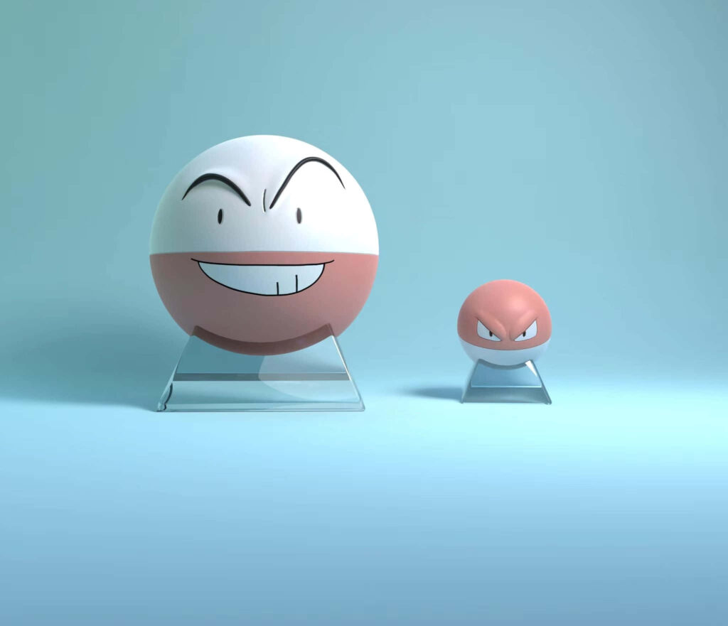 Minimalist 3D Electrode and Voltorb Pokémon wallpaper with pastel lighting on blue background