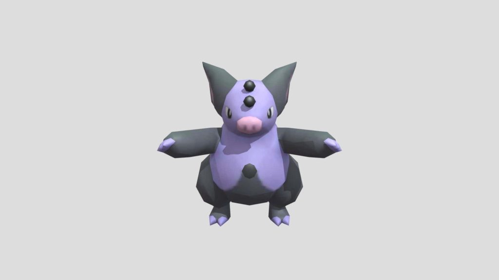 Minimalist 3D Grumpig Pokémon with purple body and black pearls on soft grey wallpaper background