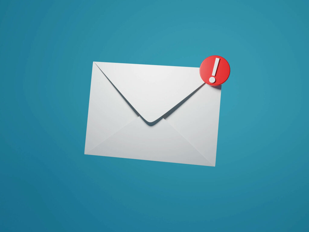 Minimalist 3D white envelope with red alert badge on smooth blue background digital wallpaper