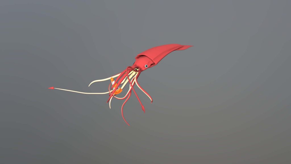 Minimalist 3D red squid CGI render with smooth textures on neutral grey studio background wallpaper