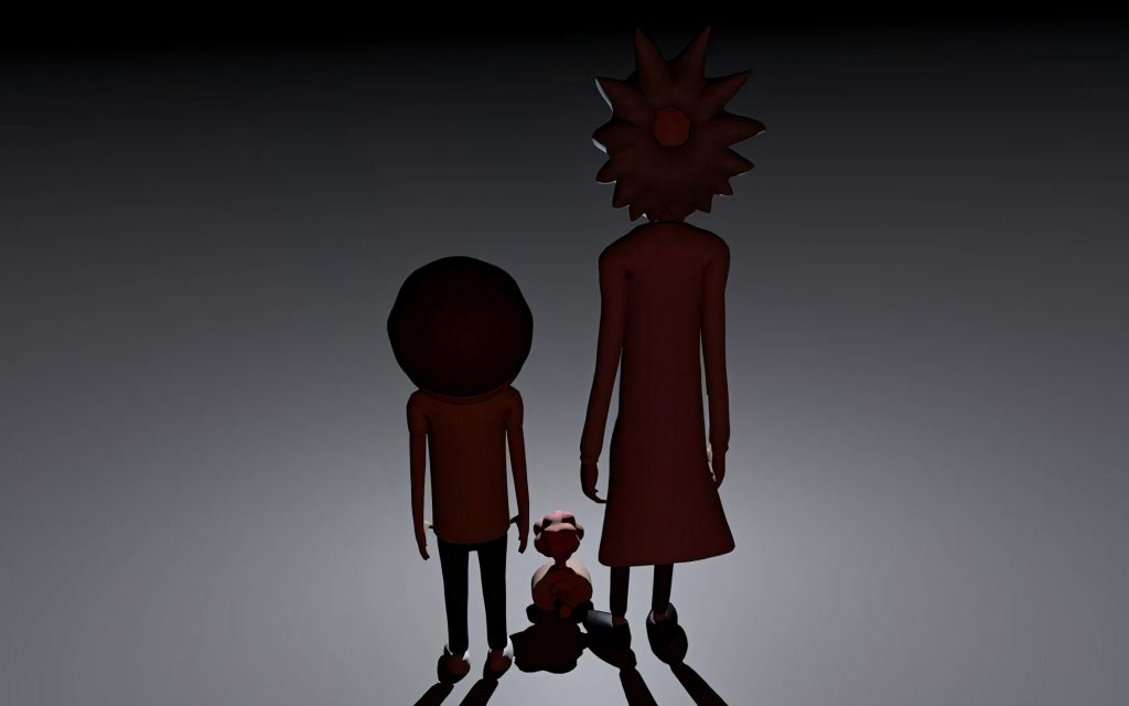 Minimalist 3D wallpaper of Rick Sanchez and Morty Smith rear view on dark gray background