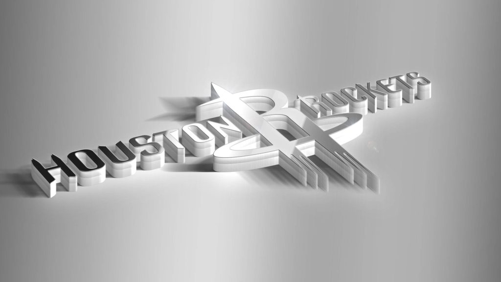 Minimalist 3D white Houston Rockets logo wallpaper on soft gray gradient background for fans