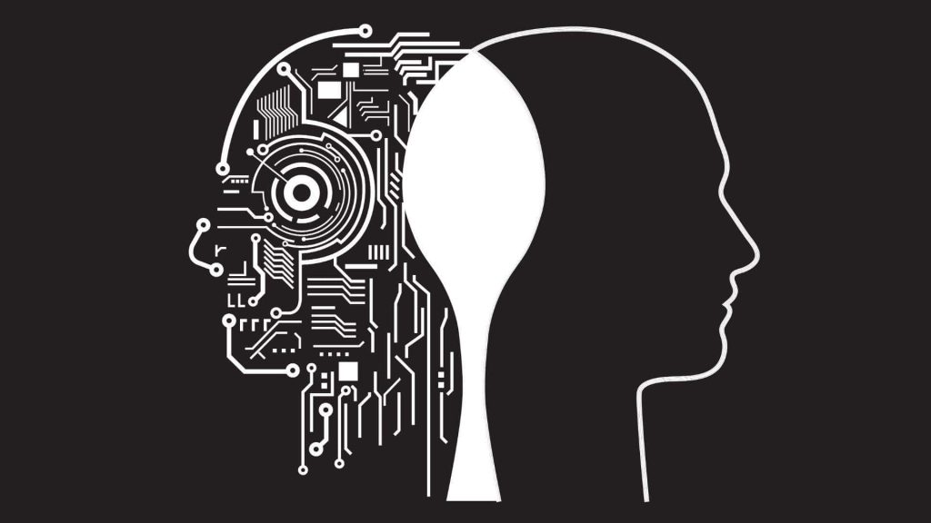 Minimalist AI wallpaper with split human head and white circuit board neural network design