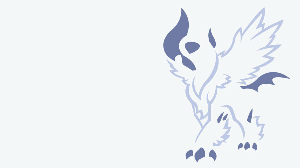 Minimalist Absol Pokémon wallpaper with soft blue stylized wings on clean light background