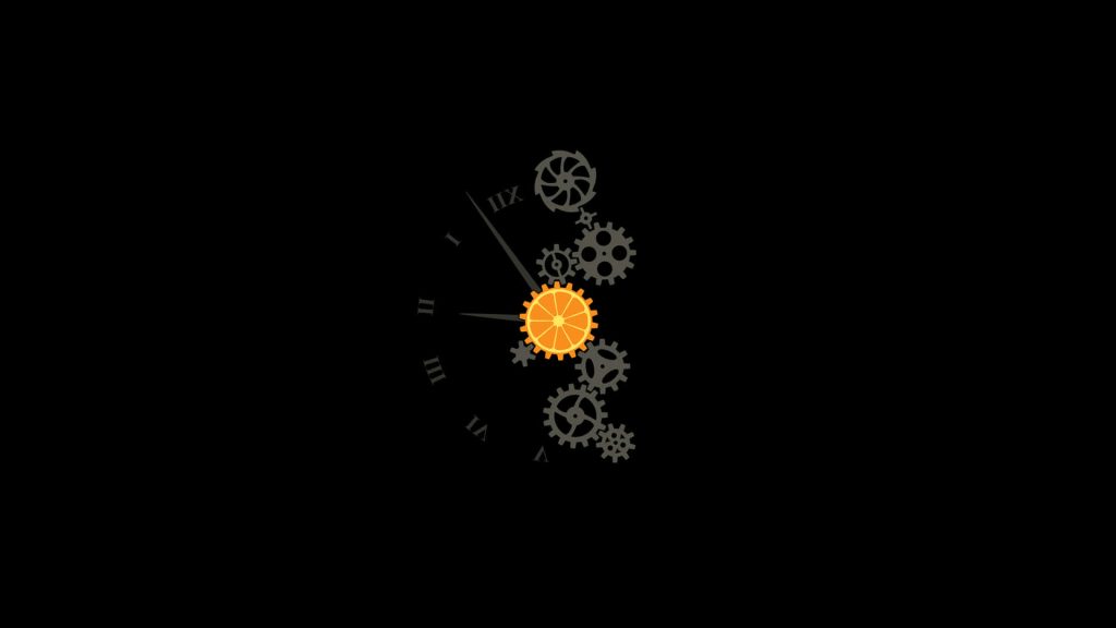 Minimalist abstract clockwork wallpaper with vibrant orange gear and grey mechanical parts on black
