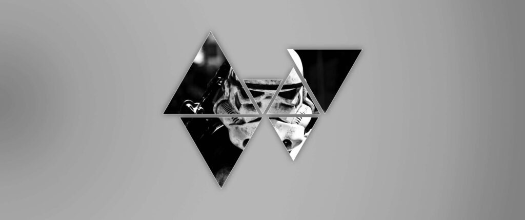 Minimalist Geometric Wallpaper: Grayscale Triangles & Masked Figure