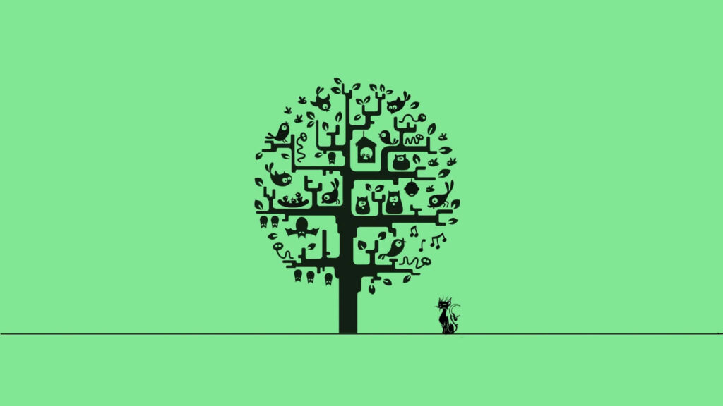 Minimalistic Green Wallpaper with Abstract Black Tree Design