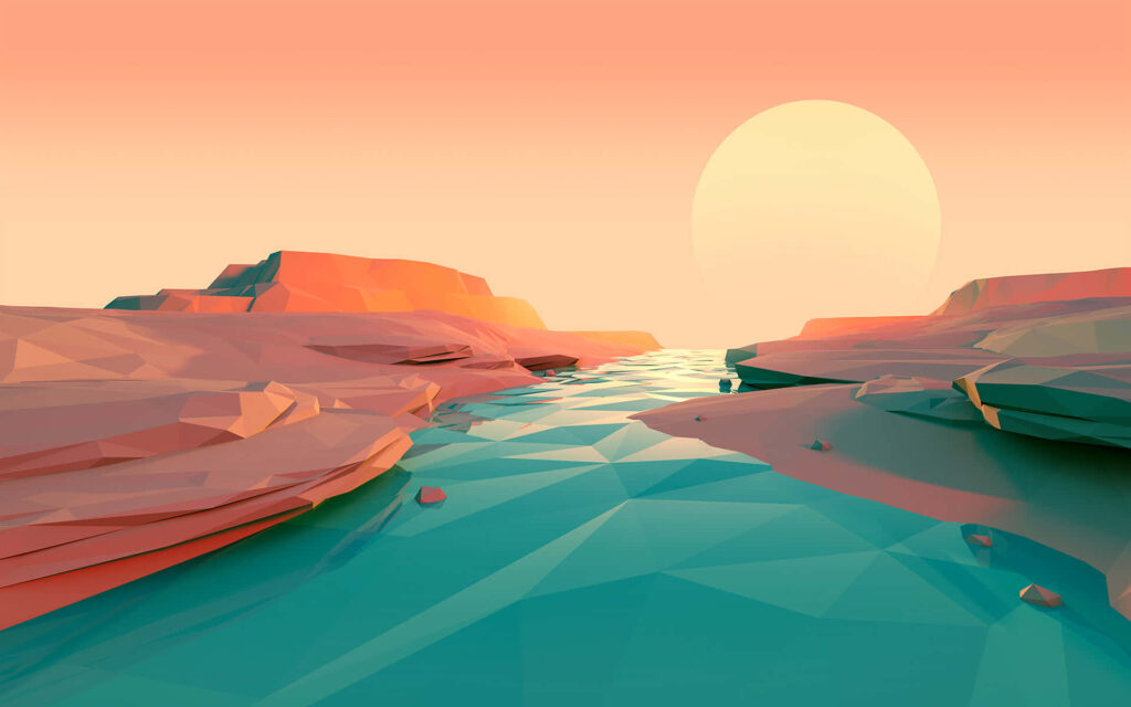 Minimalist Low Poly River Wallpaper with Geometric Mountains