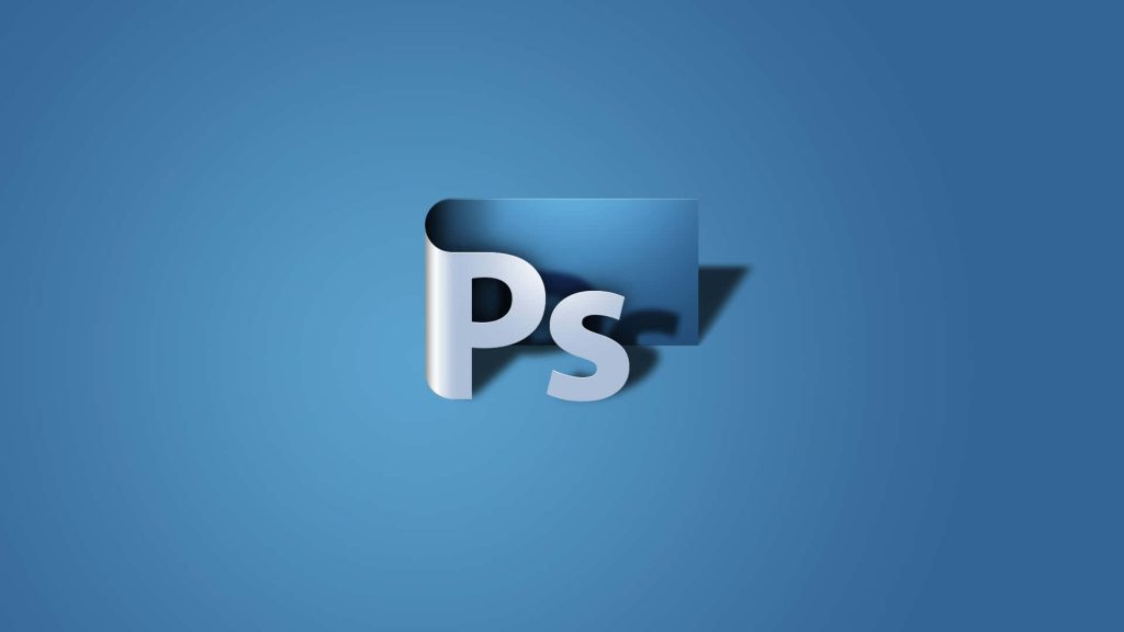 Minimalist Adobe Photoshop Ps logo wallpaper with paper fold effect on blue gradient background