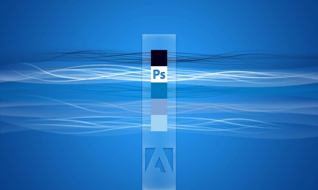 Minimalist Adobe Photoshop wallpaper with translucent Ps logo and flowing light trails on blue background