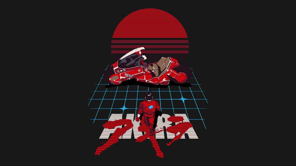 Minimalist Akira poster with Kaneda's red motorcycle glowing crimson sun retro cyberpunk grid background Wallpaper