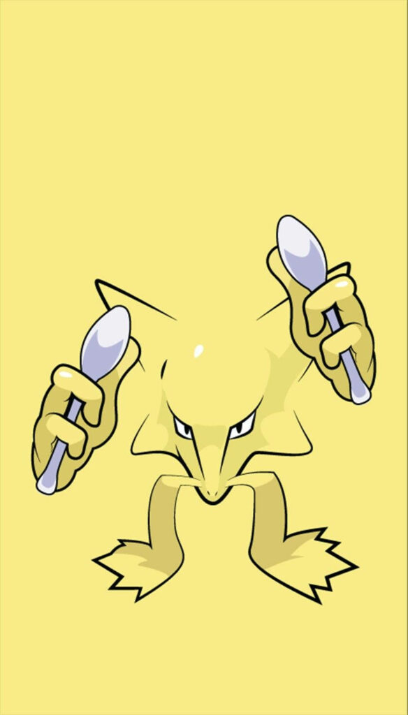 Minimalist Alakazam Pokémon wallpaper yellow background featuring iconic head and spoons