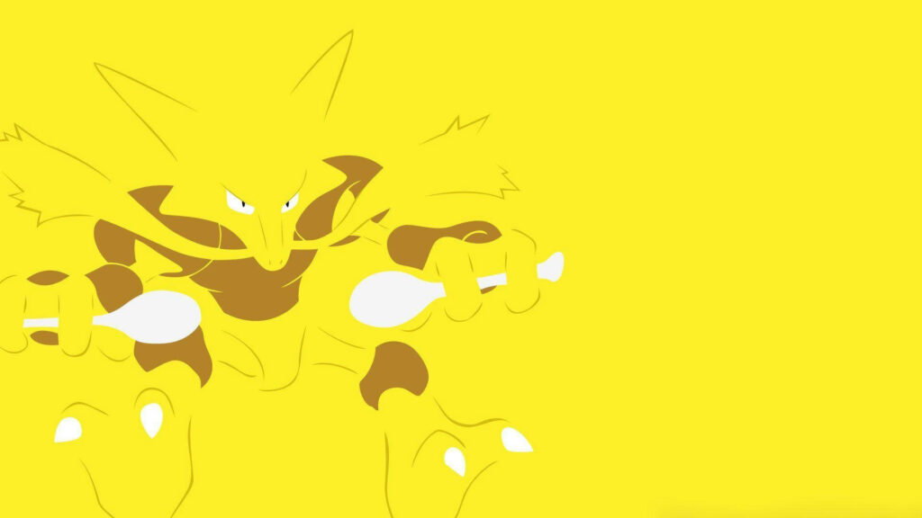 Minimalist Alakazam Pokémon wallpaper with bold yellow background perfect for desktop display