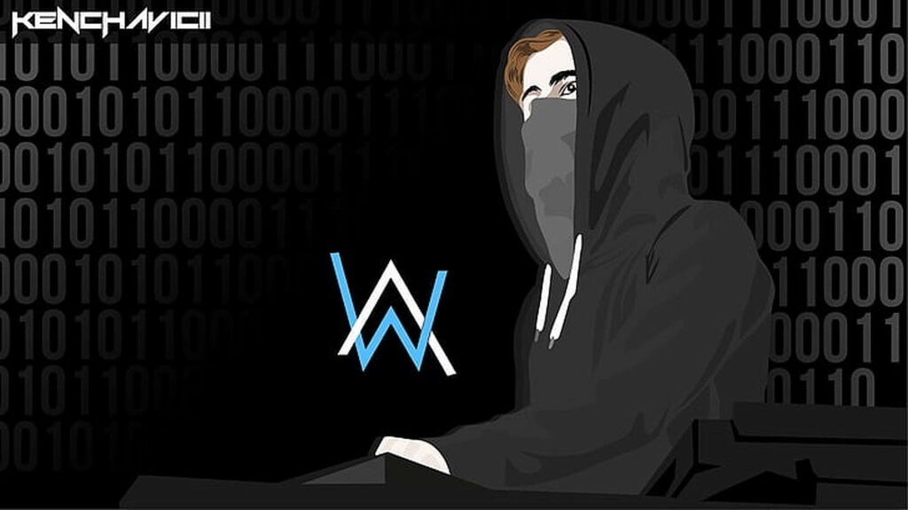 Minimalist Alan Walker Wallpaper: Hooded Figure & Binary Design