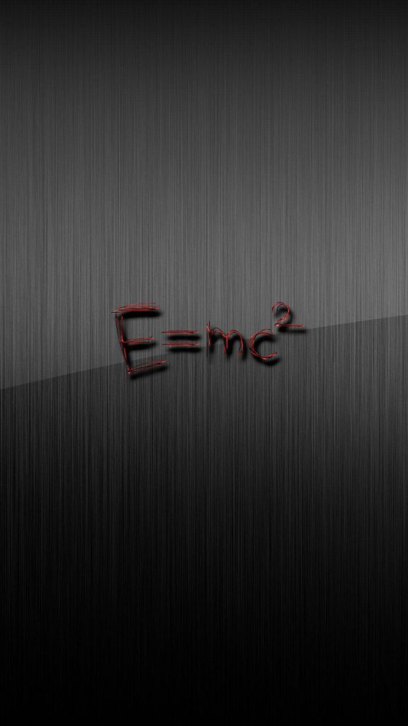 Minimalist wallpaper with Albert Einstein equation E=mc2 in red on dark grey brushed metal background