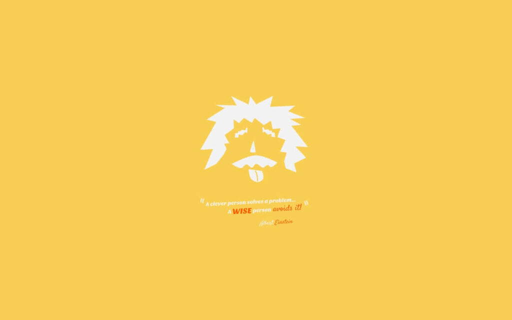 Minimalist Albert Einstein face with inspiring quote on vibrant yellow motivational wallpaper background