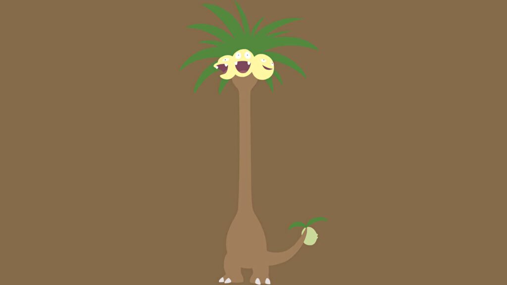 Minimalist Alolan Exeggutor wallpaper with tall neck green palm leaves dark brown background cartoon