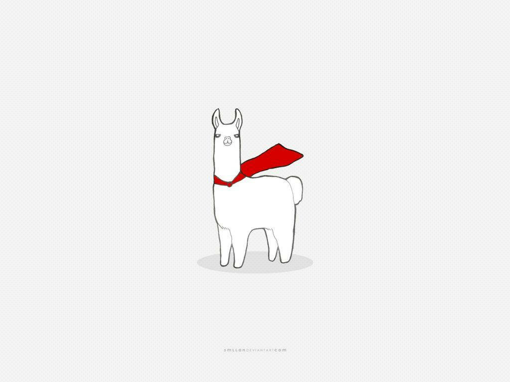 Minimalist alpaca illustration with red cape standing confidently on light wallpaper background