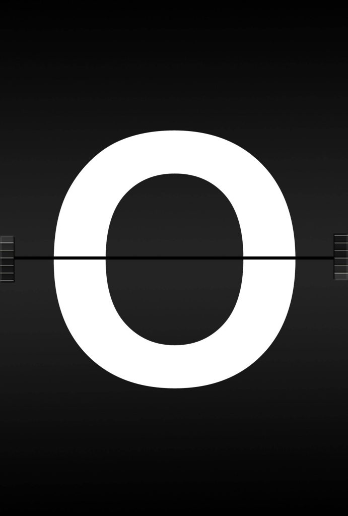 Minimalist white letter O wallpaper split by horizontal line on sleek dark mechanical flap background