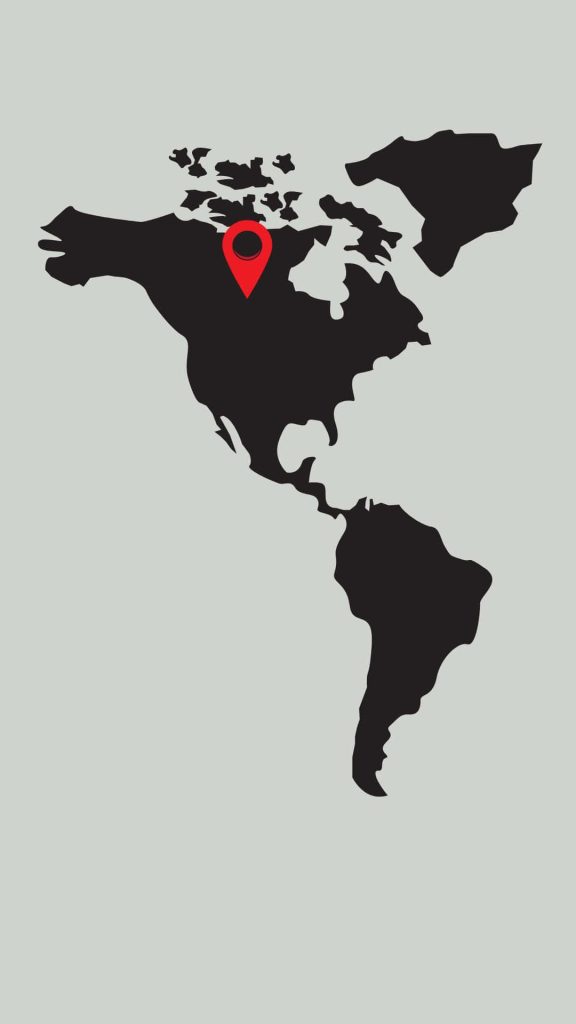Minimalist America continent map wallpaper with black landmass red pin on grey travel background