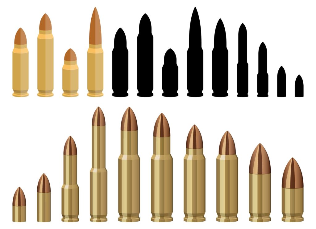 Organized collection of brass and black silhouette bullets in various sizes on white background Wallpaper