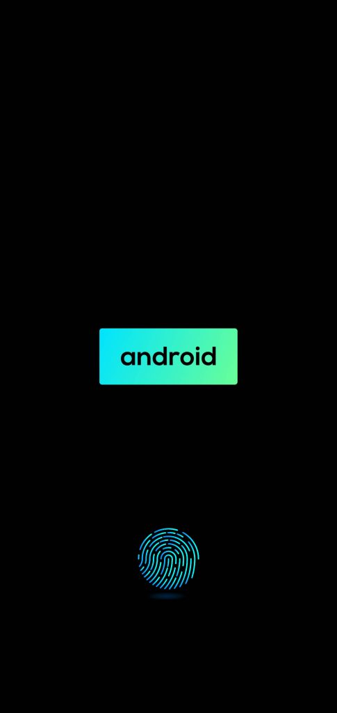 Minimalist Android phone wallpaper with cyan green gradient label and glowing fingerprint icon