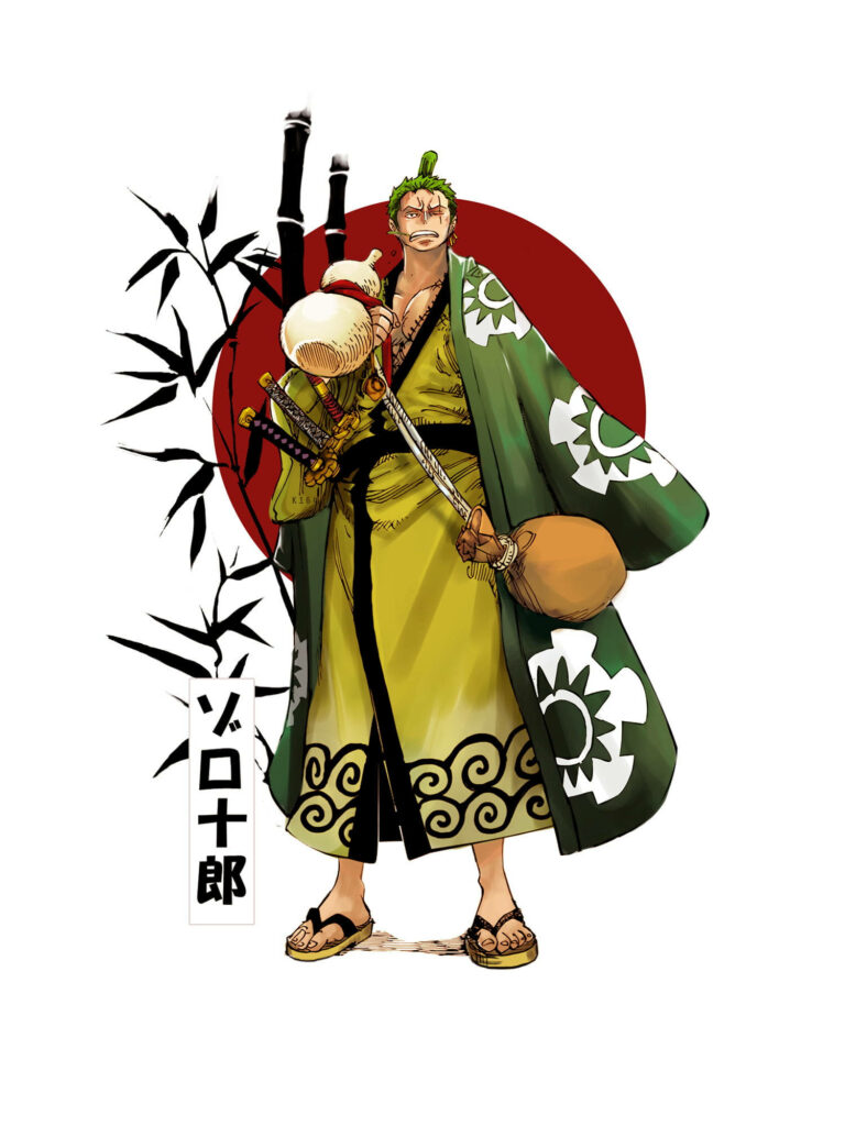 Minimalist Anime Character in Kimono with Rising Sun Background Wallpaper