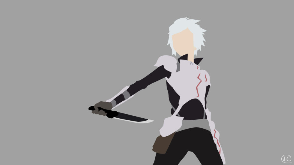 Minimalist Anime Wallpaper: Character in Armor with Knife, Gray Background