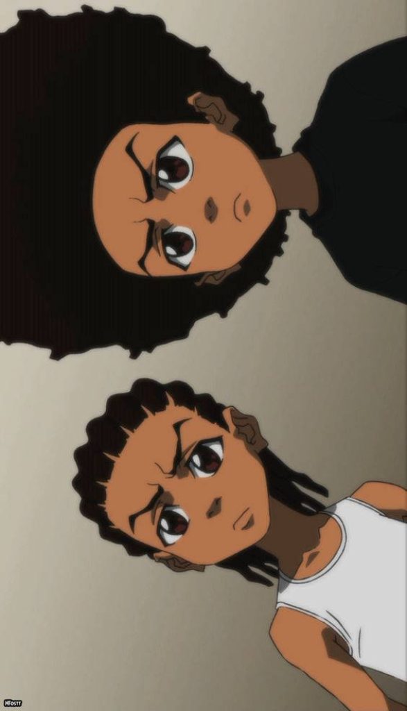 Minimalist Boondocks wallpaper of Huey and Riley Freeman with stoic expressions on muted background