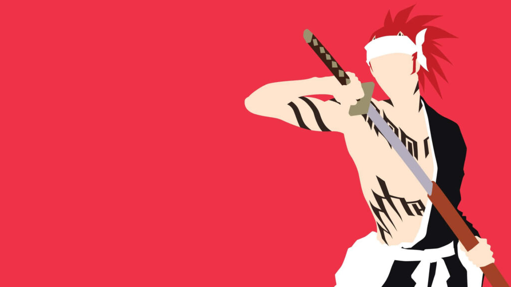 Red-Haired Anime Character with Tattoos & Sword on Minimalist Wallpaper