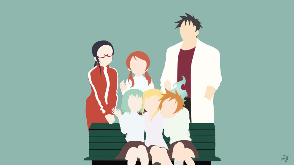 Minimalist Anime Wallpaper: Simplified Characters on Bench, Muted Green