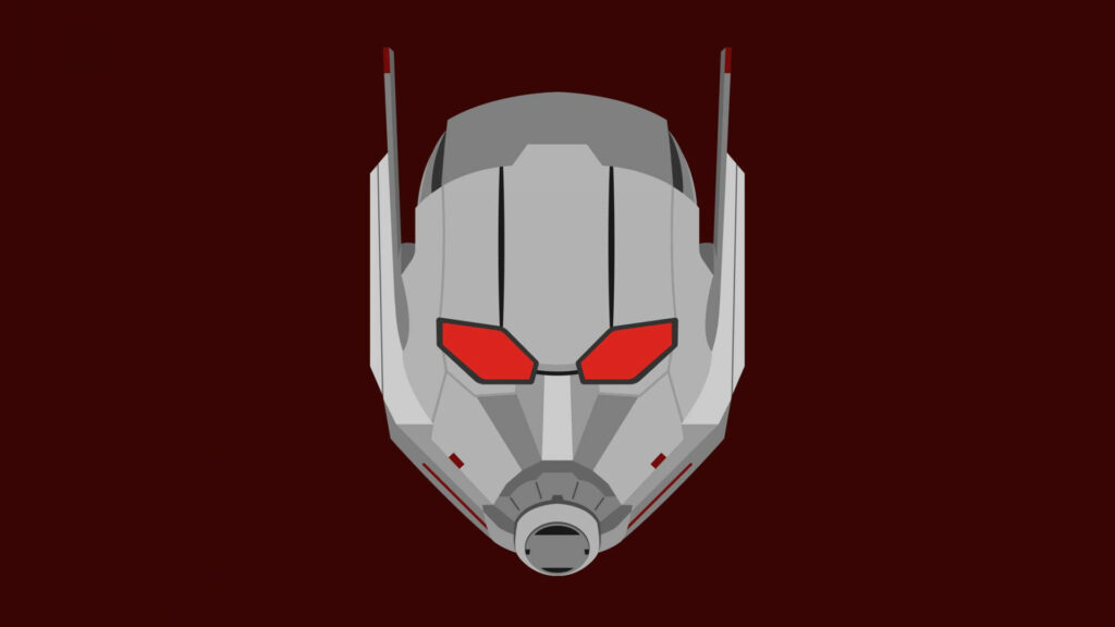 Minimalist Ant Man helmet wallpaper with bold red eyes on solid dark background modern design