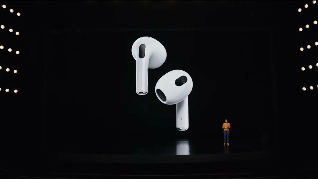 Apple AirPods 3rd Generation showcased on dark minimalist stage wallpaper background