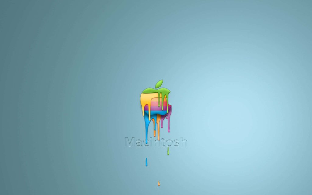 Minimalist Apple logo dripping vibrant paint on light blue gradient background with Macintosh text Wallpaper