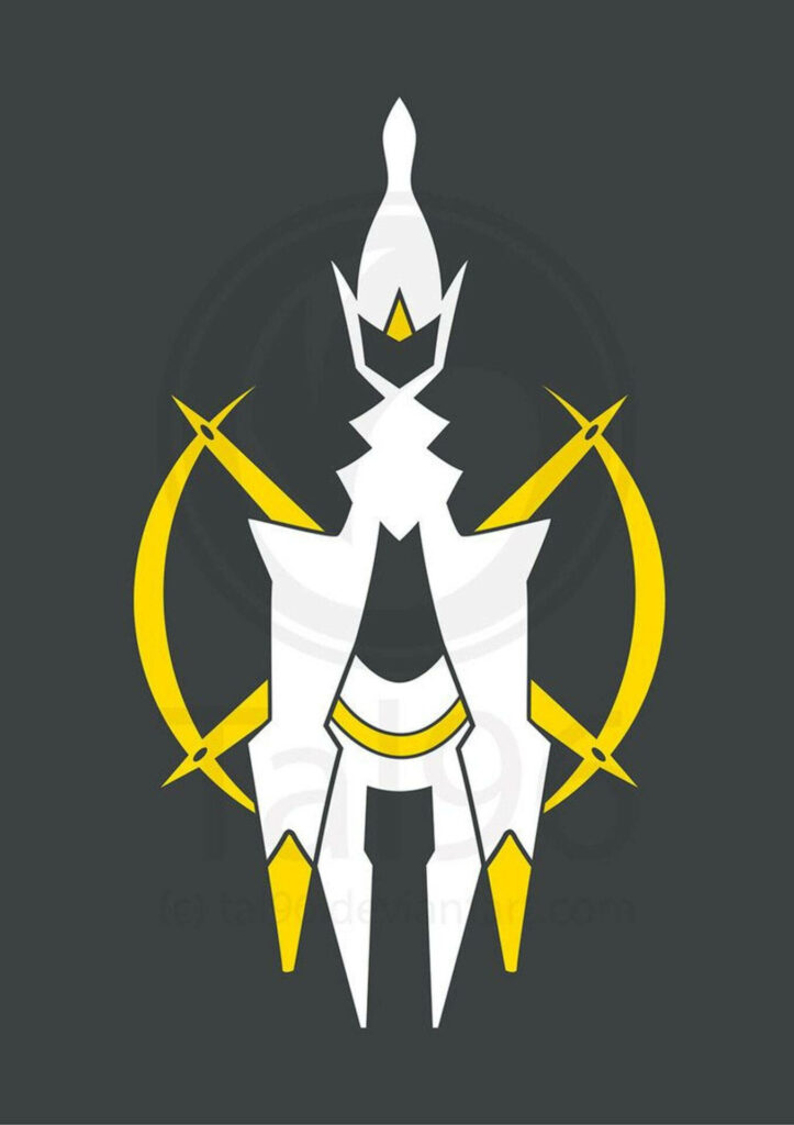 Minimalist Arceus wallpaper with white gold legendary Pokémon on dark background vibrant design