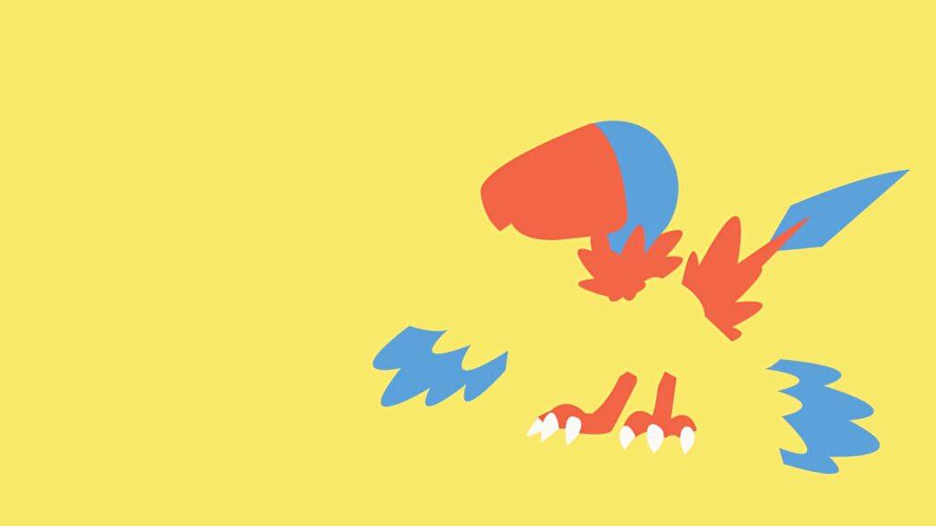 Minimalist Archen Pokémon digital art in bold red blue yellow on bright yellow wallpaper background