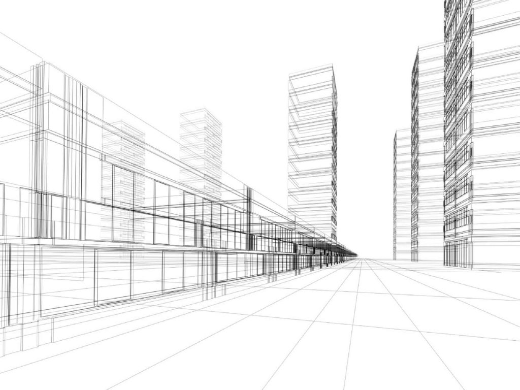 Minimalist black and white wireframe skyscraper wallpaper modern architectural blueprint background