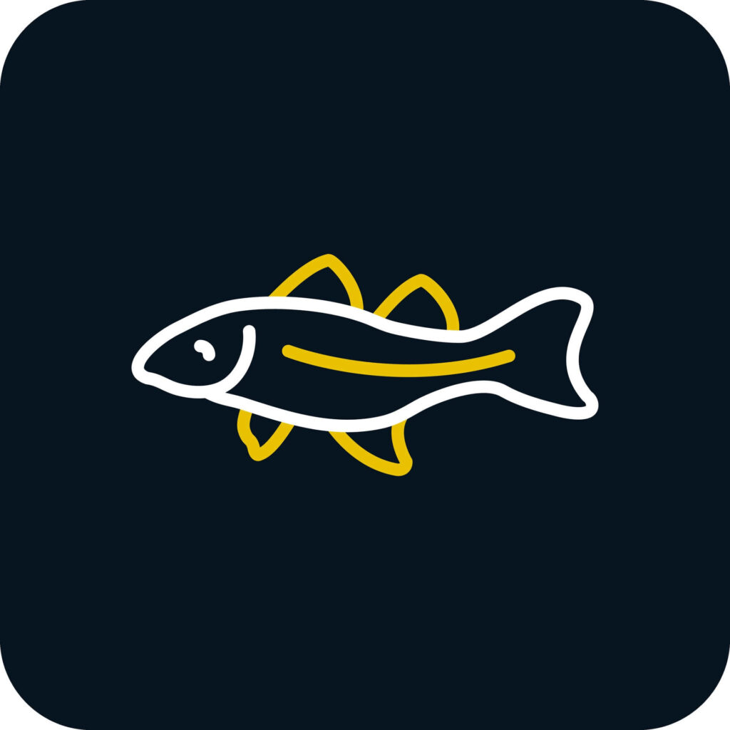 Minimalist Arctic Cod icon with white and yellow outlines on dark aquatic wallpaper background