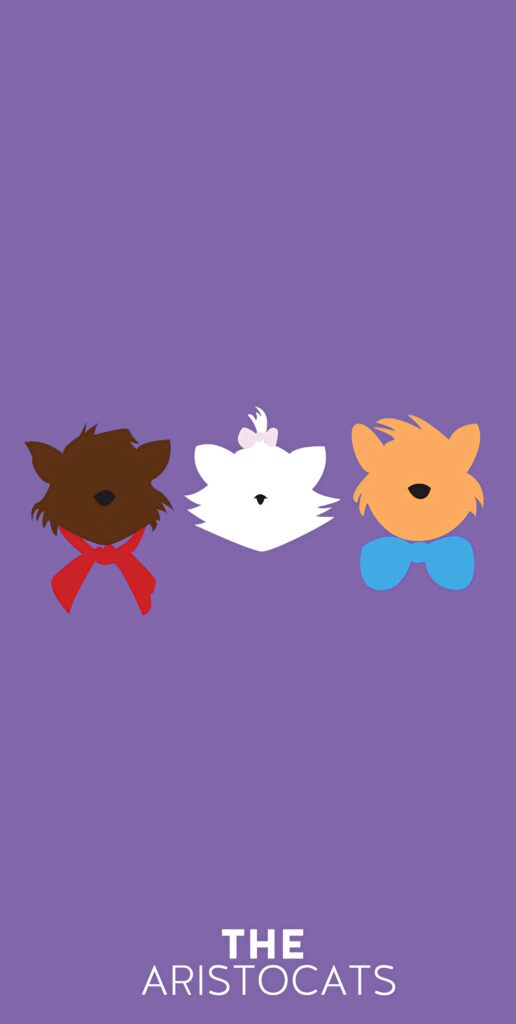 Minimalist Aristocats wallpaper featuring colorful vector kittens on a purple background