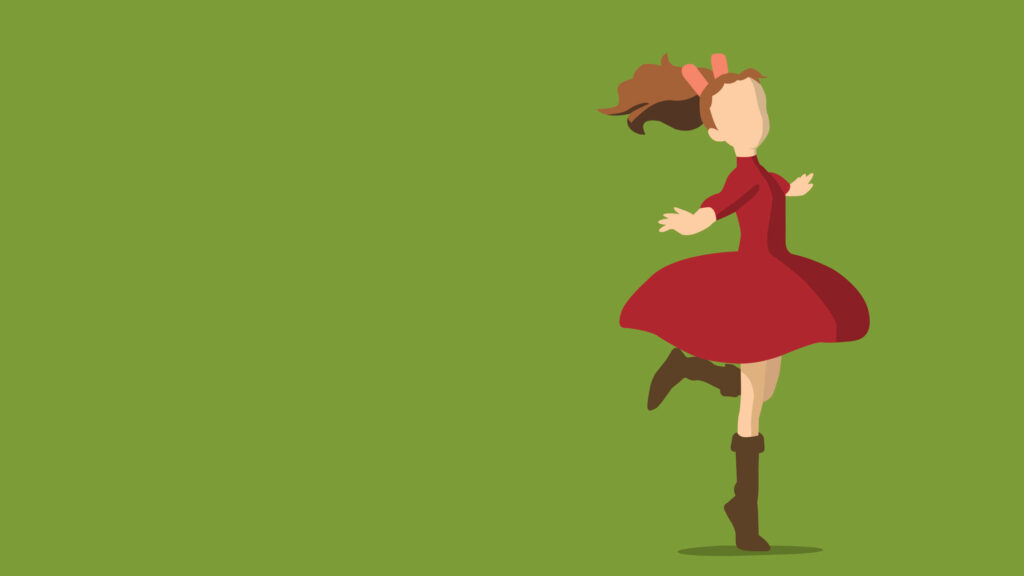 Minimalist Arrietty vector art wallpaper with red dress on solid green background vibrant pose