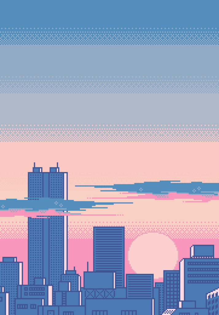 Minimalist Cityscape Wallpaper: Tall Buildings & Vibrant Gradient Sky