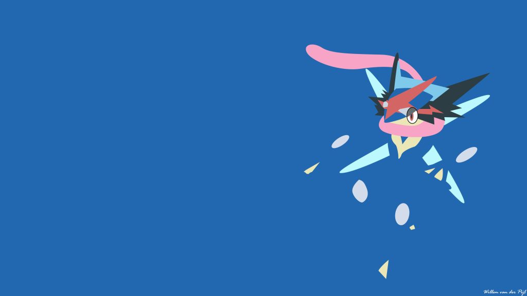Ash-Greninja vector wallpaper in battle form on a minimalist solid blue desktop background