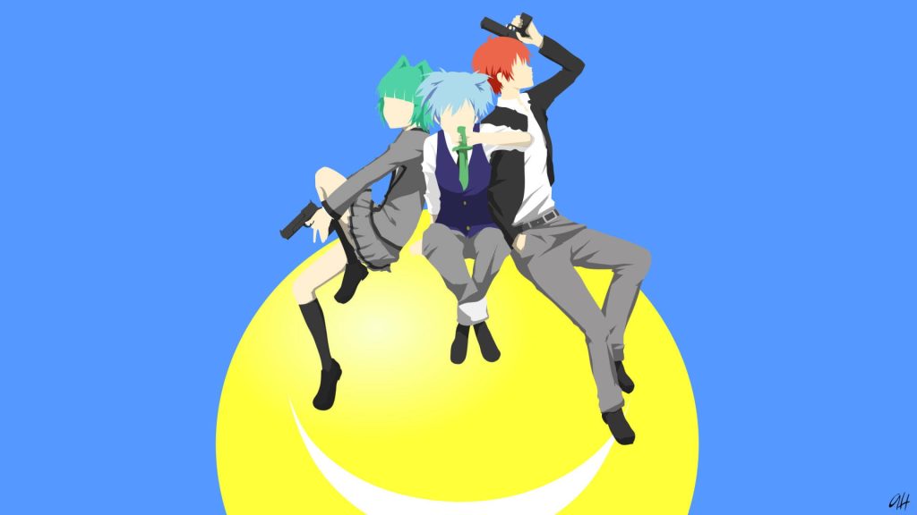 Minimalist anime wallpaper of Nagisa Karma and Kaede on Koro-sensei’s yellow face background