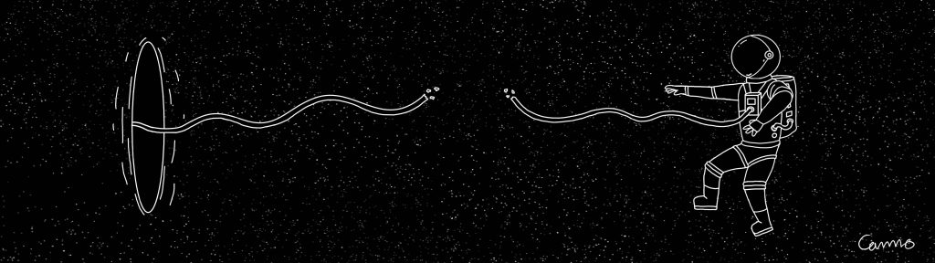 Minimalist white line art astronaut drifting in deep space with snapped tether on black background Wallpaper
