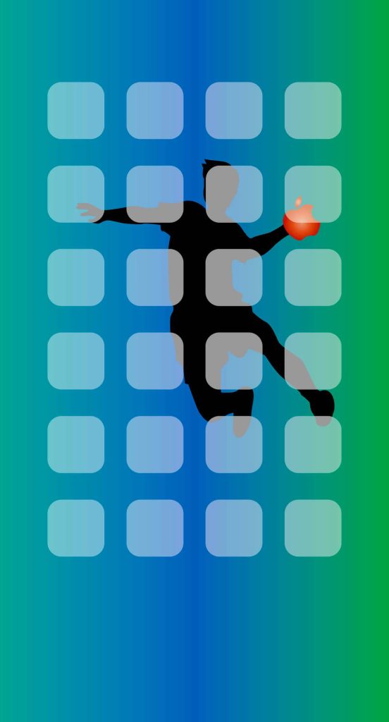 Athletic silhouette jumping for glowing red apple on blue green gradient with grid overlay wallpaper